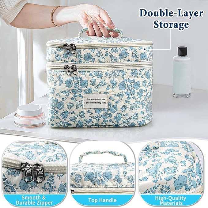 Cute Makeup Bag for Women(3 Pcs), Quilted Floral Coquette Aesthetic Make up Bags, Travel Cosmetic Bags Toiletry Organizer Bag (16 - Light Blue)