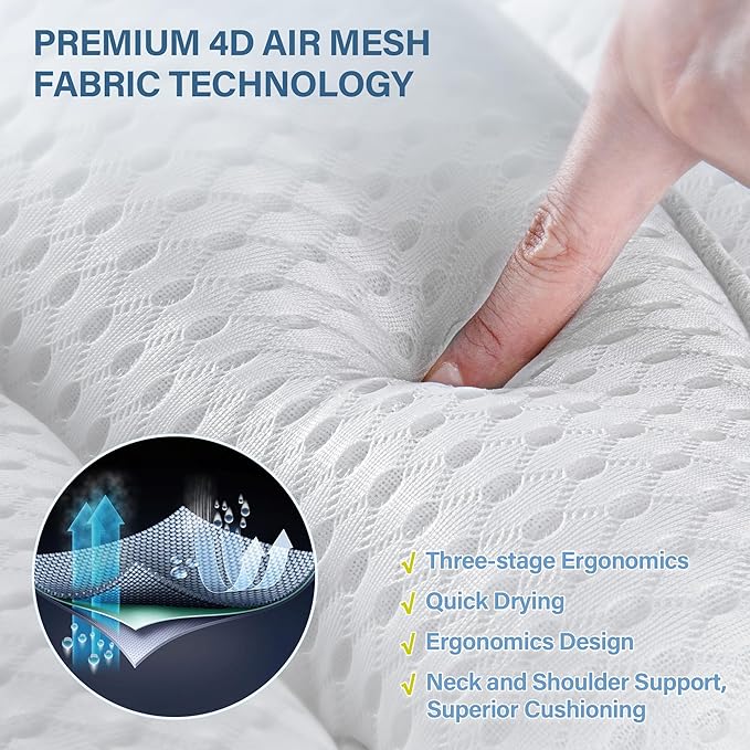 Bath Pillow Bathtub Pillow for Tub Luxury Bath Tub Pillows for Tub Neck and Back Support with 4D Air Mesh Fabric and 8 Strong Powerfull Non-Slip Suction Cups Relaxing Bath Accessories Spa Gifts, White