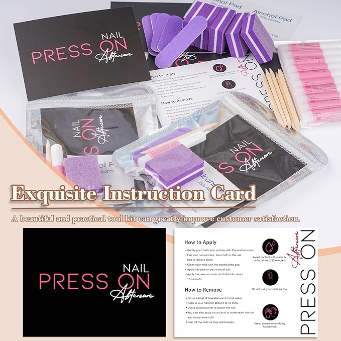 50 Set Press On Nail Tool Prep Kit for Salon Business, Disposable Manicure Kit with Nail File, Buffer, Glue, Prep Pad, Instruction Card, Adhesive Tabs, Wood Stick, Purple Packaging Bag