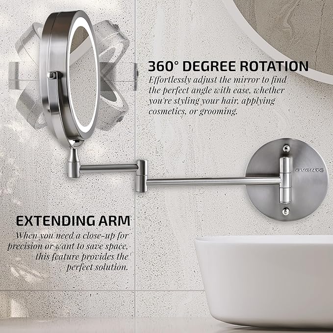 OVENTE 7" Lighted Wall Mount Makeup Mirror with 1X/10X Magnification, Cordless Double Sided Magnifying Round Vanity Mirror, 360° Swivel Design, Extendable and Folding Arm, Nickel Brushed MFW70BR1X10X