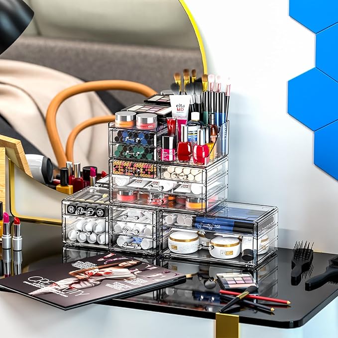 Cq acrylic 4 Pack Clear Makeup Organizer for Counter,13 Drawers Stackable Skincare Organizer,Large Cosmetic Storage Organizer for Jewelry,Hair Accessory,Beauty,Skin Care,Vanity Organizers and Storage