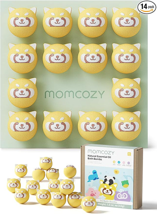Momcozy Natural&Organic Essential Oil Bath Bombs,14 Pcs Bubble Bath Fizzy Balls with Red Panda Animal Shapes,Bath Bombs Gift Set for Kids Girls Boys Toddler,Ideal Gift for Easter Egg,Bath Bomb Kit