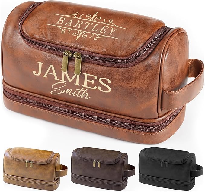 Personalized Toiletry Bag for Men, Gifts for Men, Engraved Name & Text, Custom Leather Travel Dopp Kit, Gifts for Dad, Christmas, Birthday, Husband, Grandpa, Lover