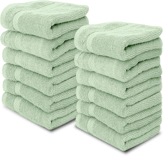 White Classic Luxury Washcloths for Bathroom-Hotel-Spa-Kitchen-Set - Circlet Egyptian Cotton - Highly Absorbent Hotel Quality Face Towels - Bulk Set of 12-13x13 Inch (Lt Green)