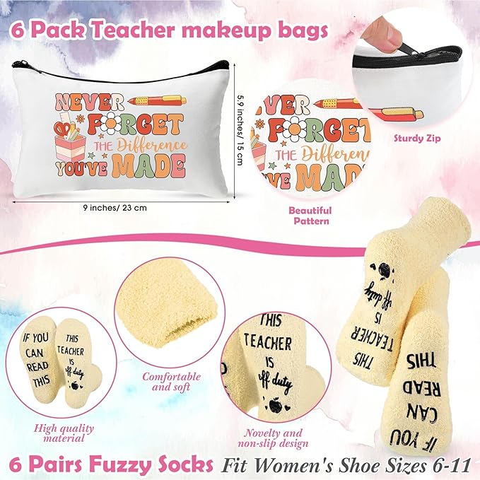 Paterr 24 Pcs Teacher Appreciation Gifts Set End of Year Gifts for Women Bulk Including Socks Makeup Bags Keychain Metal Bookmark for Graduation Birthday(Heart Teaching,Fleece)