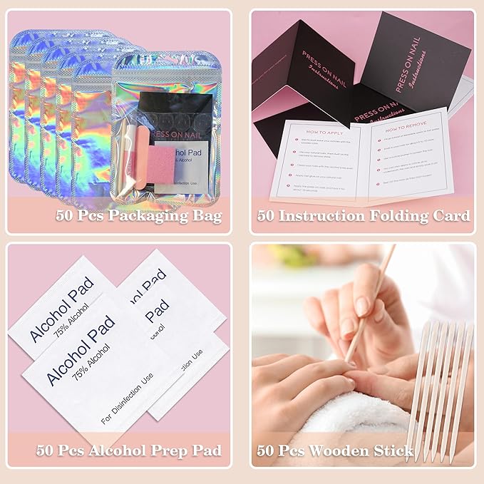 50 Set Press On Nail Tool Prep Kit for Salon Business, Disposable Manicure Kit with Nail File, Buffer, Glue, Prep Pad, Instruction Card, Adhesive Tabs, Wood Stick, Holographic Bag