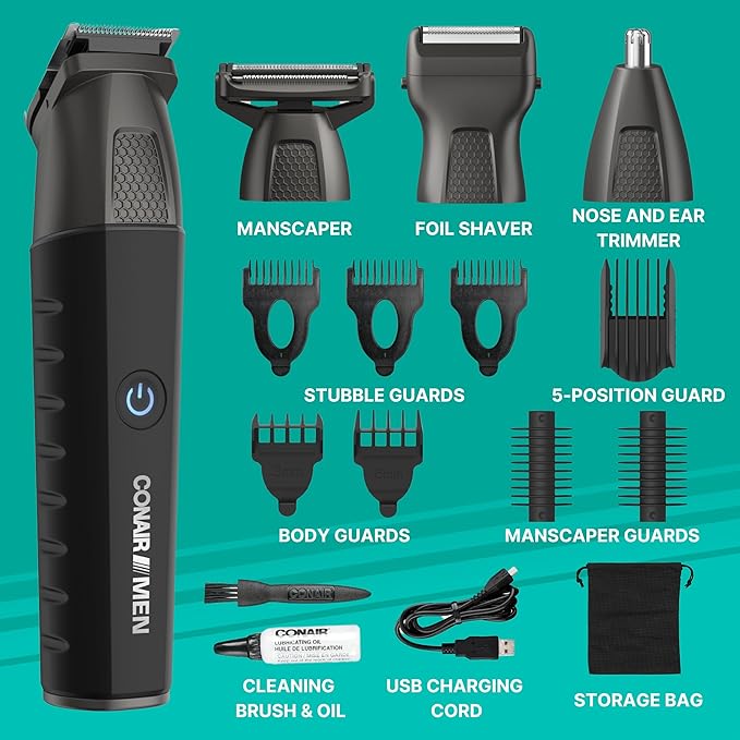 Conair Men All-in-One Trimmer for Men - Nose Hair, Beard, Mustache, Body Hair Trimmer - 16 Piece Men's Grooming Kit for Manscaping- Showerproof - Rechargeable