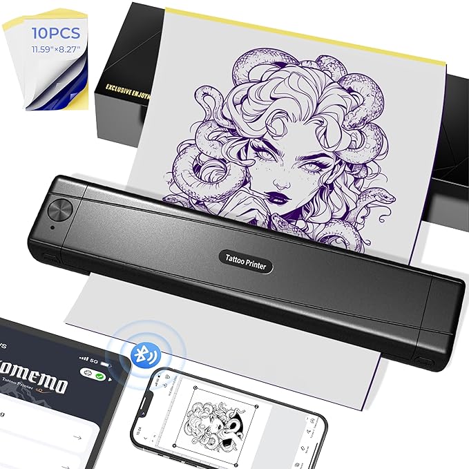 2025 New Version Tattoo Stencil Printer with 10pcs Transfer Paper, Wireless Thermal Tattoo Transfer Printer, Bluetooth Portable Tattoo Machine for Beginners Compatible with Smartphone & Pad