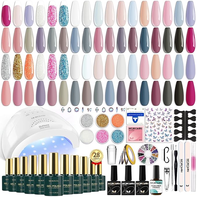 Morovan Gel Nail Polish Kit: 28 Colors With UV/LED Light, Macaron Nude Pink Polish, Nail Art Decorations, Manicure Tools, DIY Salon Home Gifts Tape