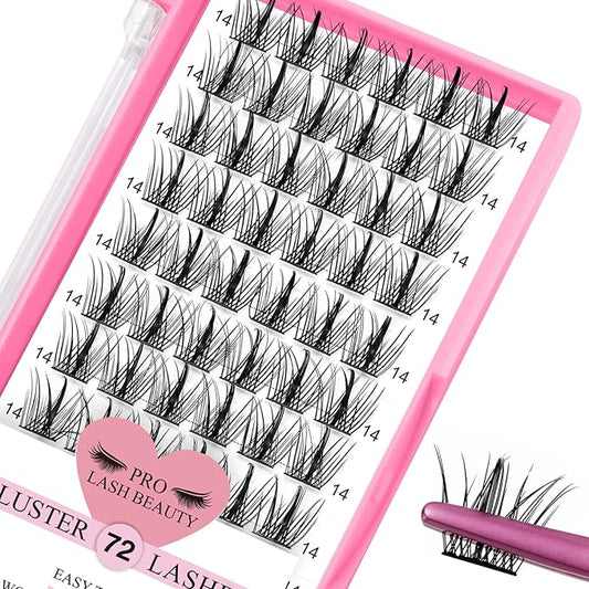 Cluster Eyelashes, 72 Pieces Individual Eyelashes, Eyelash Cluster DIY Eyelash Extensions, Super Thin Band Reusable Soft & Comfortable (Dazzle-D-14 mm)
