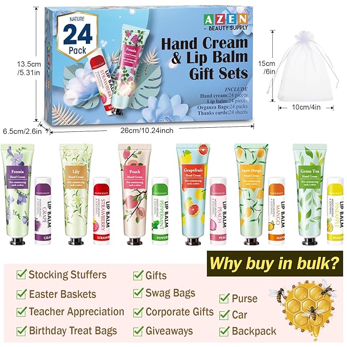 AZEN 24 Sets Hand Cream and Lip Balm Set with Organza Bag Thank You Card, Baby Shower Wedding Gifts for Guests, Bridal Souvenirs for Colleagues Employee Coworkers, Party Favor for Female Friends