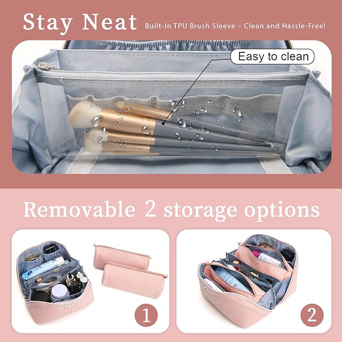 BOYATU Travel Makeup Bags for Women: Large Cosmetic Bag Waterproof - Vegan Leather Make up Bag Set of 3 - Compact Toiletry Organizer with Compartments & Handle & Divider (L01 Light Pink)