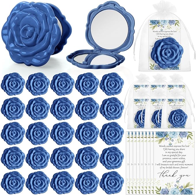 50 Sets Bridal Shower Party Favors for Guests Small Rose Compact Mirror Bulk Wedding Favors Thank You Cards and Organza Bags Wedding Party Guests Souvenir Gift (Blue)