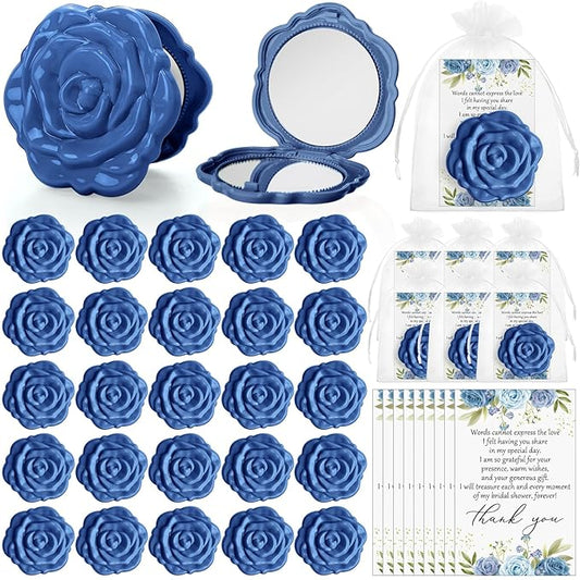 50 Sets Bridal Shower Party Favors for Guests Small Rose Compact Mirror Bulk Wedding Favors Thank You Cards and Organza Bags Wedding Party Guests Souvenir Gift (Blue)
