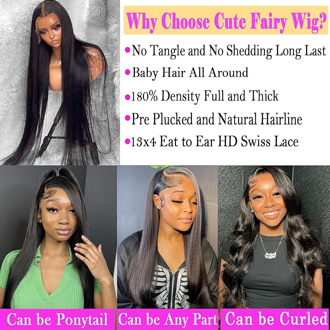 28 Inch Lace Front Wigs Human Hair 13x4 Straight HD Transparent Lace Front Wigs for Women 180 Density Pre Plucked Glueless Wigs Human Hair with Baby Hair Natural Color