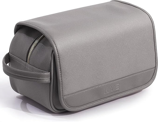 Leather Travel Toiletry Bag for Men with Removable Cover and Hanging Hook - Dopp Kit for men - Makeup Bag Organizer for Women for all your Travel Essentials (Grey)