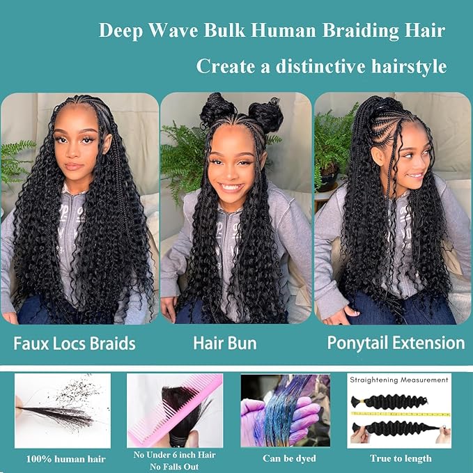 Human Braiding Hair 110g 2 Bundles/Pack 22 Inch Deep Wave Bohemian Braids for Braiding Human Hair No Weft Natural Color, Boho Braids Human Hair Water Wave