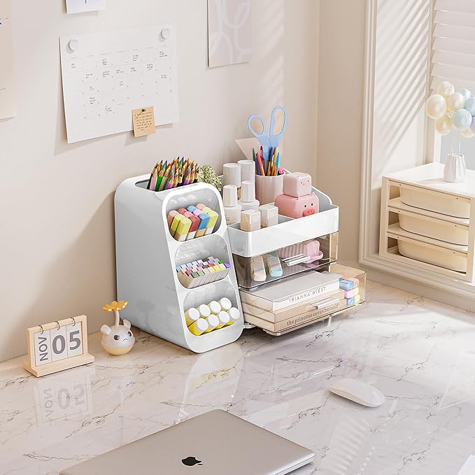 Delamu Makeup Organizer with Drawers for Vanity, Spacious Cosmetic Display Case with Makeup Brush Holder, Perfect Vanity Bathroom Organizer and Storage Solution for Skincare & Beauty Essentials, White