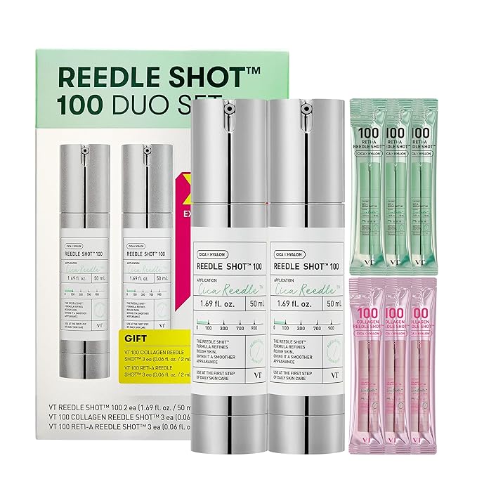 VT COSMETICS Reedle Shot 100 Duo Set with Collagen & Retinol Reedle Shot Pouch (Gift) – Exosome Microneedling Serum, Exfoliating, Soft & Glass Skin, Korean Skincare (1.69 fl. oz x2 / 0.06 fl. oz x6)