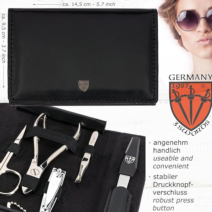 3 Swords Germany - brand quality 9 piece manicure pedicure grooming kit set for professional finger & toe nail care scissors clipper fashion leather case in gift box, Made in Solingen Germany (03584)