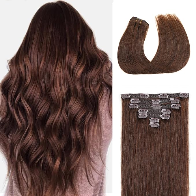 Clip In Human Hair Extensions,70g 7pcs Double Weft Silky Straight Remy Human Hair Clip Ins 14inch #4 Meduim Brown 100% Human Hair Clip In Hair Extensions