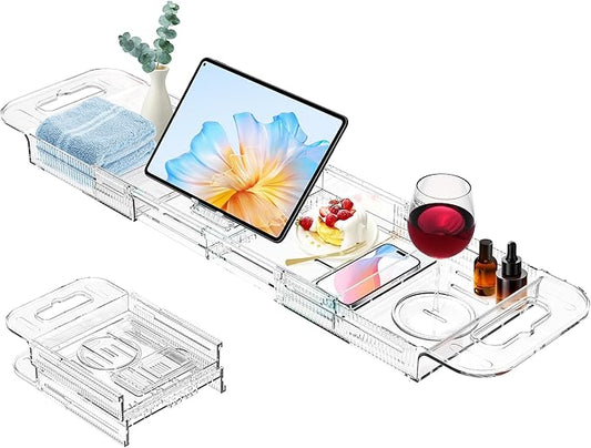 Expandable Drain Bath Caddy Tray for Tub, YOCOMEY Multifunctional Acrylic Bathtub Tray Bathroom Organizer, Simple Bathtub Table Trays Storage Rack for Candle Towel Book Wine Phone Shower(Clear)