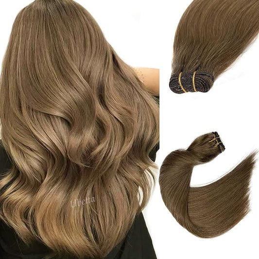 Sew in Hair Extensions Real Human Hair, Ash Brown Hair Extensions Real Human Hair Bundles Weft Hair Extensions Human Hair 80G 14 Inch Hand Tied Weft Hair Extensions Human Hair Sew in Weave for Women