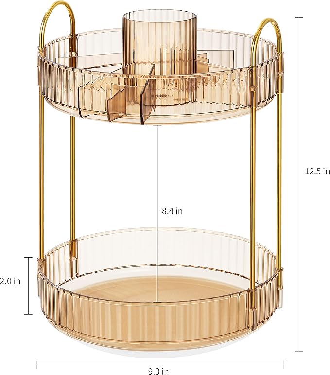 HBlife 360 Rotating Makeup Organizer, 2 Tier Perfume Organizer Skincare Organizer Large Capacity Cosmetic Storage for Bathroom, Vanity, Countertop, Glod