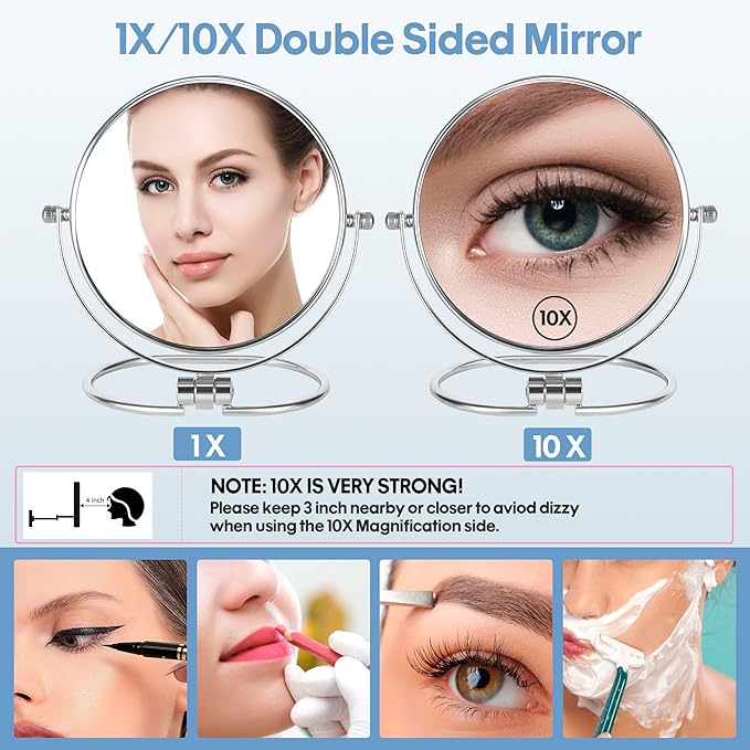 Portable Folding Travel Makeup Mirror,1X/10X Magnifying Vanity Mirror,6” Double-Sided 360° Swivel,Handheld & Wall Hanging Metal Mirror for Home and On-the-Go Use,Travel Storage Bag Included,No Light