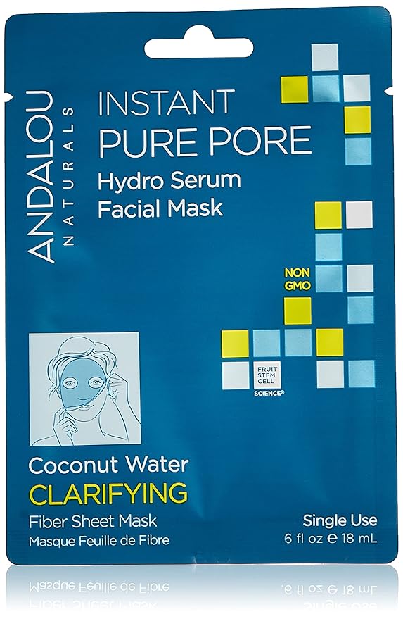 Andalou Naturals Instant Pure Pore Hydro Serum Facial Sheet Mask, Coconut Water, Clarifying, Non GMO, 0.6 Fluid Ounces (Pack Of 6)