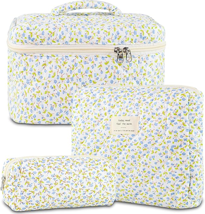 Makeup Bag, 3 PCS Quilted Makeup Bag, Cute Floral Cotton Cosmetic Bag set, Coquette Makeup Pouch Large Travel Toiletry Bag
