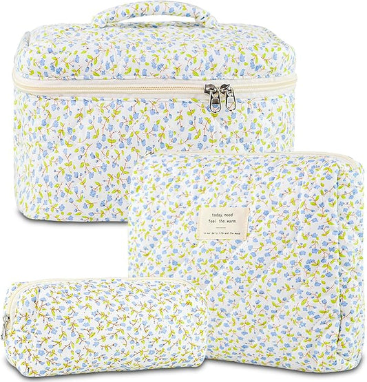Makeup Bag, 3 PCS Quilted Makeup Bag, Cute Floral Cotton Cosmetic Bag set, Coquette Makeup Pouch Large Travel Toiletry Bag