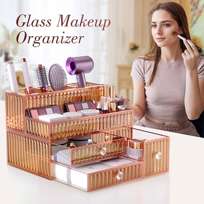 Makeup Organizer Golden- Tempered Glass Vanity Organizer for Cosmetics, Skincare, Hair Tools, Brushes, Perfume - Multipurpose Bathroom Counter Skincare Organizer