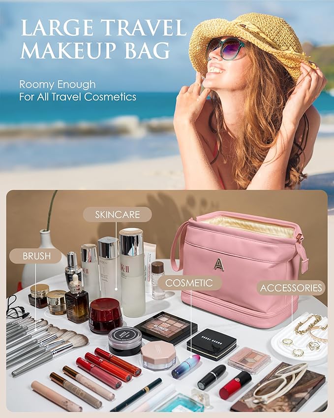 Initial Makeup Bag, Women Gifts, Personalized Double Layer Cosmetic Bag with Makeup Brush Organizer, Waterproof, Large Capacity PU Leather Travel Toiletry Bag Gifts for Friends Female Mom
