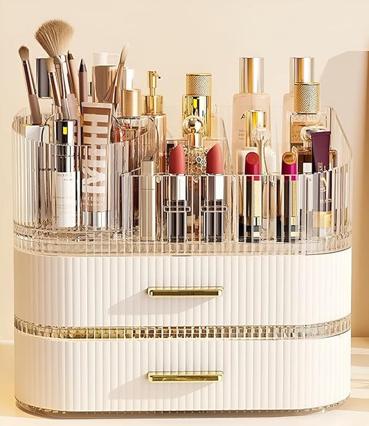 Makeup Organizer with Drawers and 360° Rotating Brush Holder, Large Capacity Cosmetic Storage for Vanity, Skincare, Perfume, Hair Accessories, Lipstick & Jewelry (Cream White, 3-layer)
