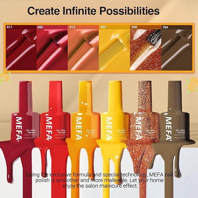 MEFA 6 Colors Gel Nail Polish Set, Shades Orange Red Brown Glitter Yellow Soak Off Gel Polish Spring Summer Tones Nail Art Design Salon Home Manicure Kit Gifts