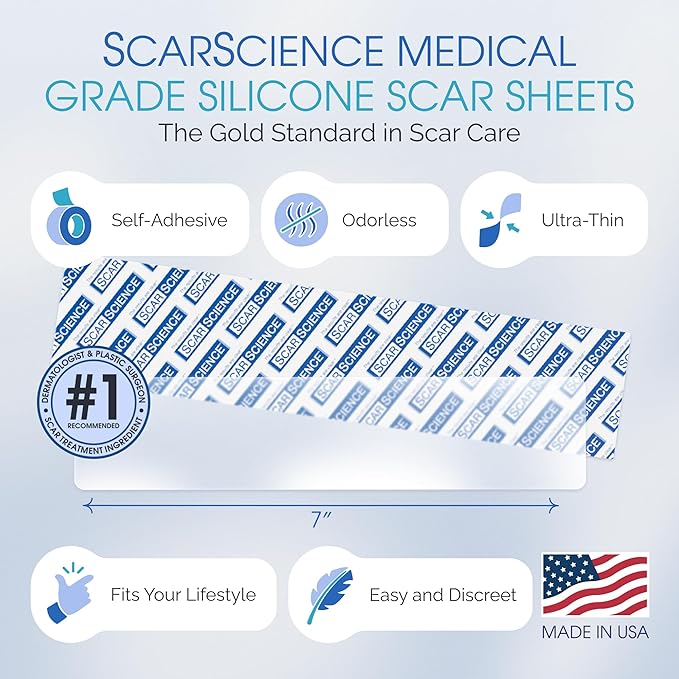 Medical Grade Silicone Scar Sheets - Large 7" Water Resistant, Reusable Silicone Scar Strips - Breathable Clear Scar Tape for C-Section, Tummy Tuck, Surgical Scars Keloids, etc. - 4 Strips