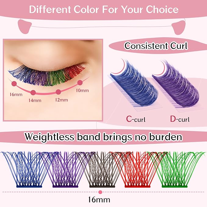 Colored Lash Clusters 5 Colors Mixed Cluster Lashes Colored Individual Eyelashes Cluster 14mm Blue+Purple+Brown+Green+Red DIY Lash Extension Volume Wispy Lashes Super Thin Band Reusable Soft & Comfortable(Mix Color,Volume-D-16mm)