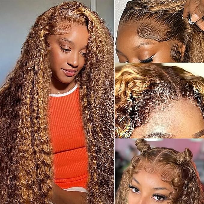 13x6 Highlight Ombre Lace Front Wigs Human Hair P4/27 Honey Blonde Lace Frontal Wigs Human Hair 180 Density Colored deep Curly HD Lace Front wigs Human Hair Wig Pre Plucked with Baby Hair 24 inch
