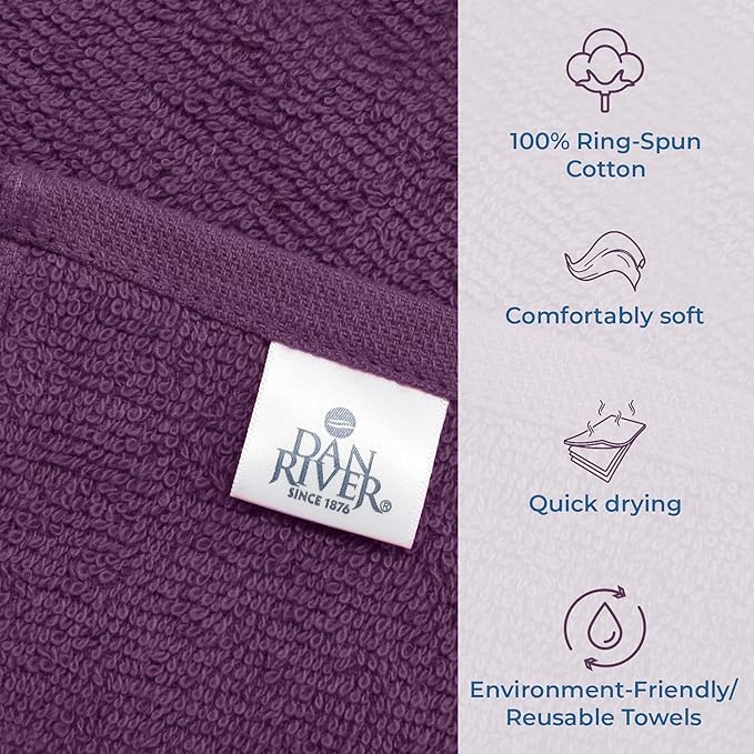 DAN RIVER 100% Cotton Washcloths 24 Pack Premium Quality Face and Body Cloth, Quick Dry Essential Towels for Bathroom, Hand, Kitchen & Cleaning, Baby Washcloths | 12X12 in | 400 GSM | Purple Passion