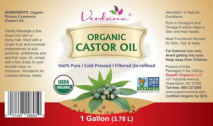 Verdana Organic Castor Oil – 1 Gallon Bulk Size – Cold Pressed, Unrefined, Hexane-Free – USDA Organic – Natural Moisturizer for Hair Growth, Eyelashes, Skin, Scalp & Castor Oil Packs