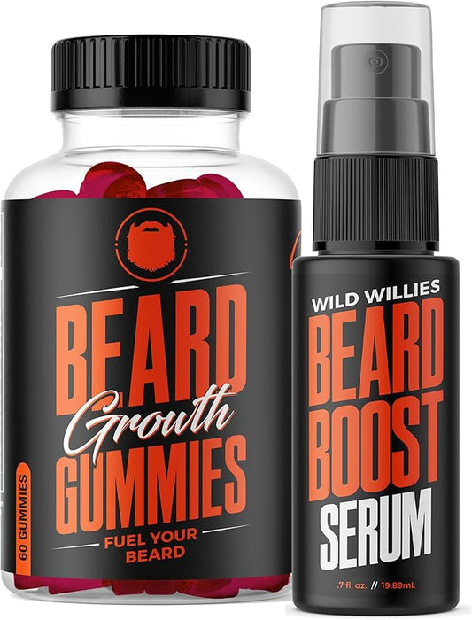 Wild Willies Beard Growth Dual Threat: Beard Growth Gummies and Serum Kit for Men - Biotin, Caffeine & Essential Growth Oil for Fuller, Thicker Facial Hair - Beard Vitamins & Enhance Beard Growth