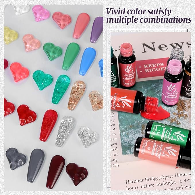 Lavender Violets 26-Piece Gel Nail Polish Set: Pink, Red, Grey Blue and Glitter Green Colors with 4 Bottles of Glossy & Matte Top Coat, Blooming Gel, and Base Coat - Nail Art Gifts