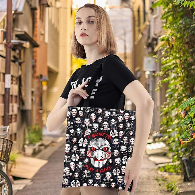 LEVLO Sadistic Thriller Tote Bag Horror Movie Fans Gift I Want To Play A GamePuzzle Horror Shoulder Bag Horror Movie Merch