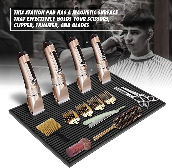 Magnetic Barber Station Mat for Clippers, Stripe Non-Slip Organizer, Professional Salon Barbershop Workstation Pads, Beauty Salon Tools(19" X 13" Black)