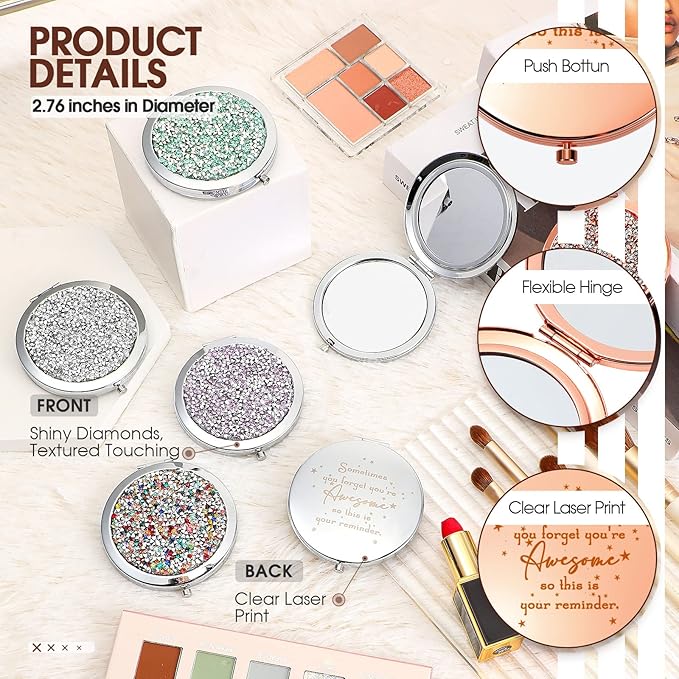 Roowest 10 Pcs Inspirational Compact Mirror Sometimes You Forget You're Awesome Appreciation Gifts for Women Mother's Day Party Favors Magnifying Pocket Mirror (Assorted Colors)