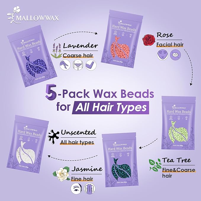 Wax Beads for Hair Removal -5 Pack Hard Wax for Sensitive Skin, Ideal for Bikini, Brazilian, Face, Eyebrow, Legs, Armpit, Full Body - Professional Waxing Wax Refill at Home for Women Men