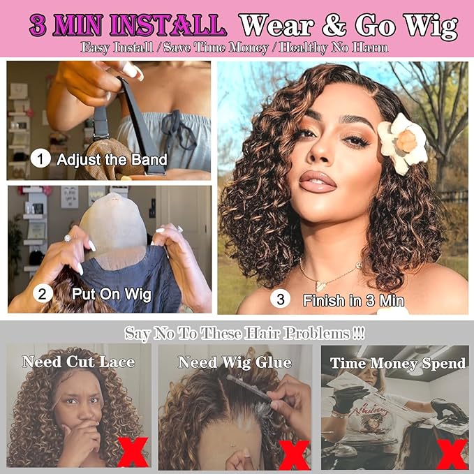 5×5 Closure Bob Wig Human Hair Glueless Wigs Human Hair Pre Plucked Pre Cut Short Curly Human Hair Wig Water Wave C Part Balayage Ombre Lace Frontal Human Hair Wigs for Black Women P1B/30 14 Inch