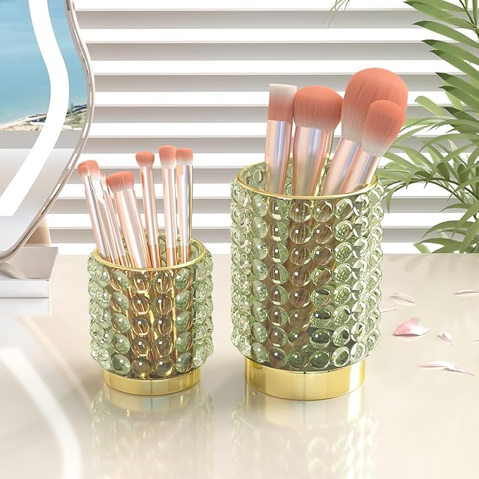 Makeup Brush Holder Organizer, Clear Green Cosmetic Glass Storage Holder, Vintage Crystal Bubble Gold Make Up Brush Cup Pen Pencil Holder