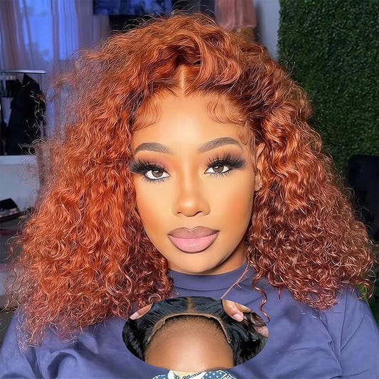 5×5 Closure Bob Wig Human Hair Glueless Wigs Human Hair Pre Plucked Pre Cut Short Curly Wig Water Wave Middle Part 350# Ginger for Women Wigs for Black Women 14Inch